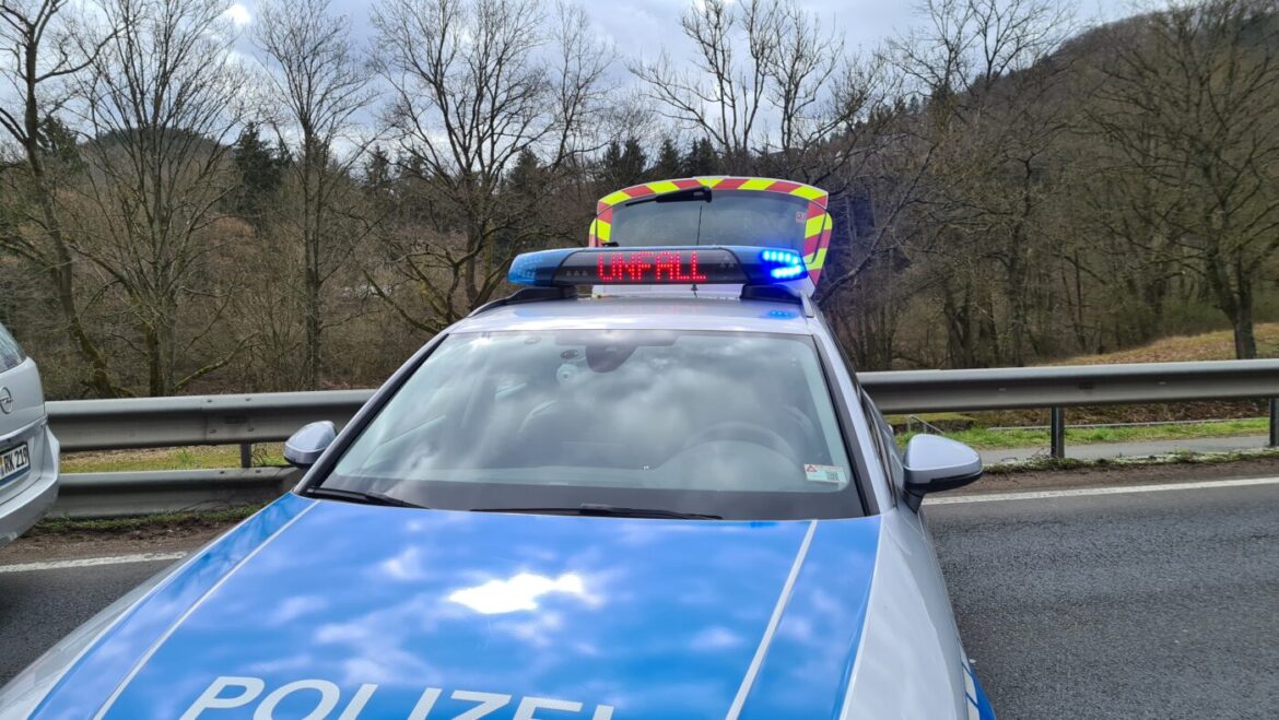 Polizeiauto mit Blaulicht auf einer Landstraße.