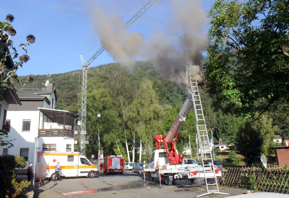 Rettungsfahrzeuge bei einem Brand in einer grünen Umgebung.