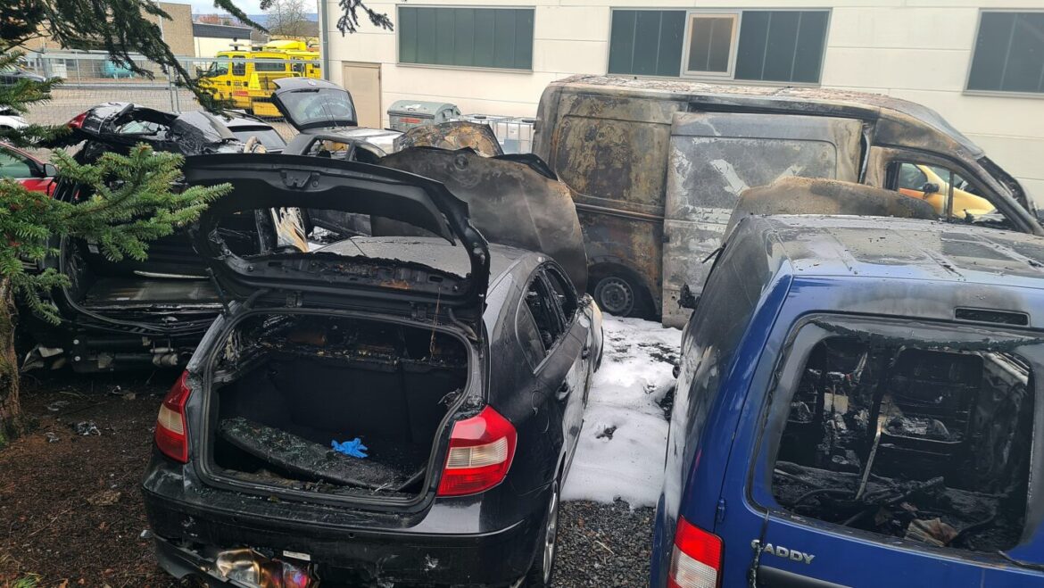 Mehrere ausgebrannte Fahrzeuge auf einem Parkplatz.