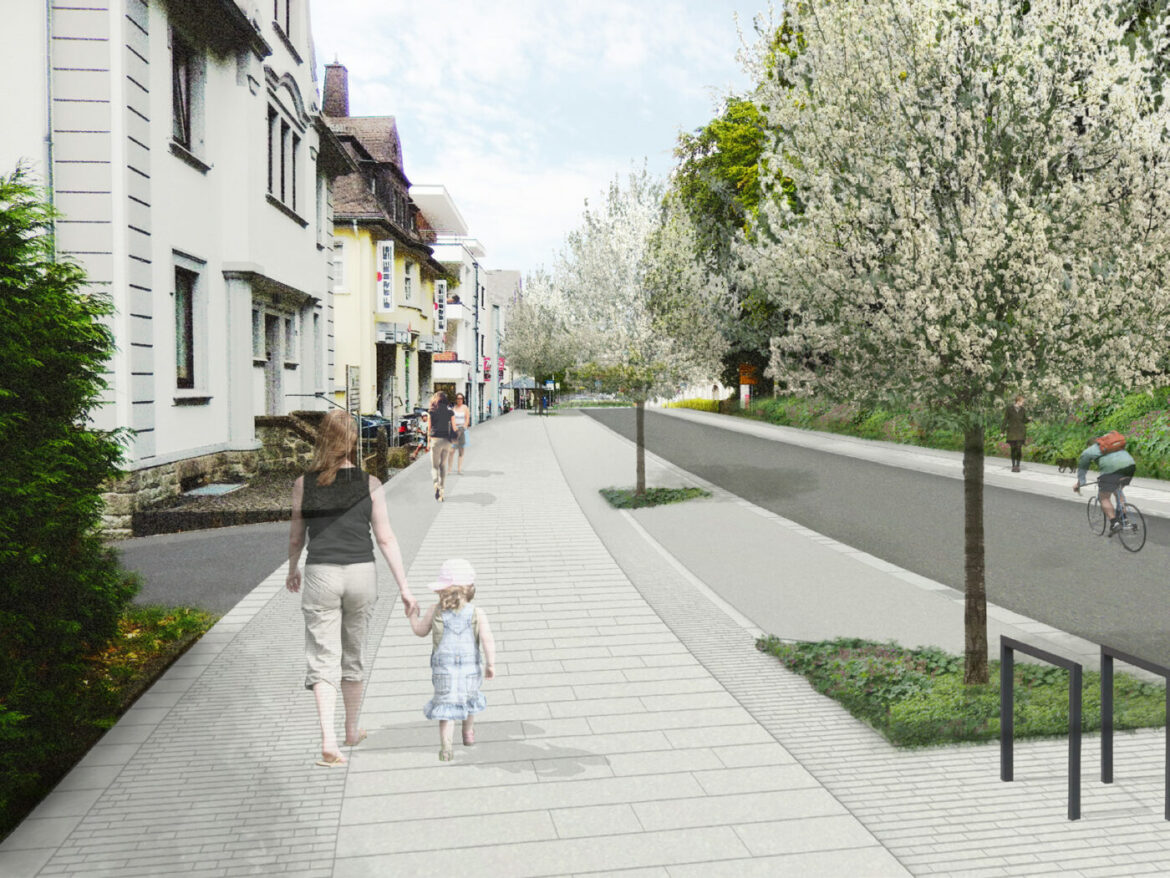Visualisierung der Bahnhofsstraße mit Fußgängern und Radfahrern.
