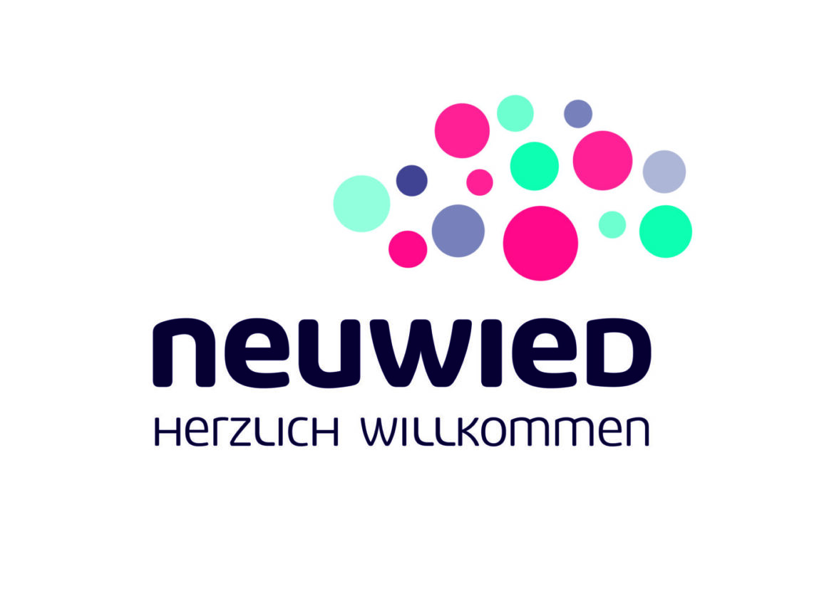 Logo von Neuwied mit bunten Kreisen und Text 'Herzlich Willkommen'.