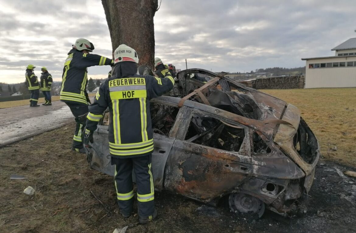 Feuerwehrleute untersuchen ein ausgebranntes Auto an einem Baum.
