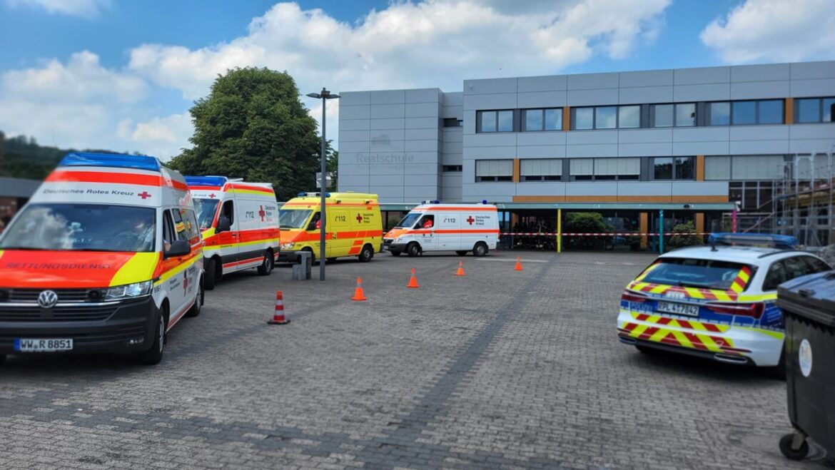 Mehrere Rettungswagen und ein Polizeiauto stehen auf dem Parkplatz einer Schule unter einem bewölkten Himmel.