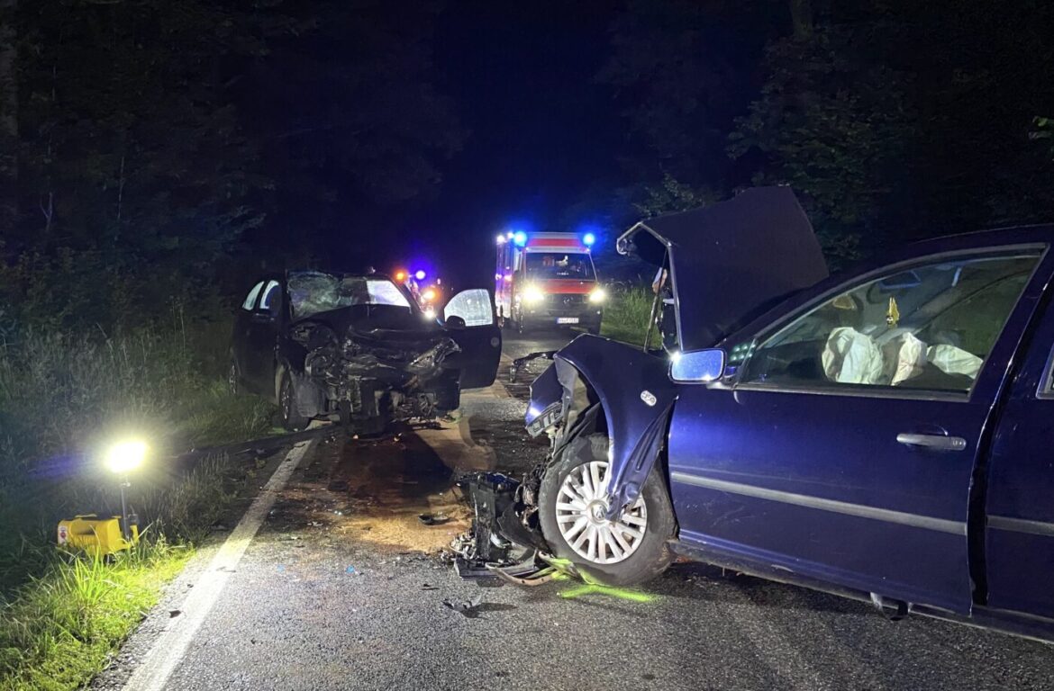 Zwei beschädigte Autos stehen auf einer dunklen Straße, Rettungswagen und Einsatzkräfte sind im Hintergrund sichtbar.