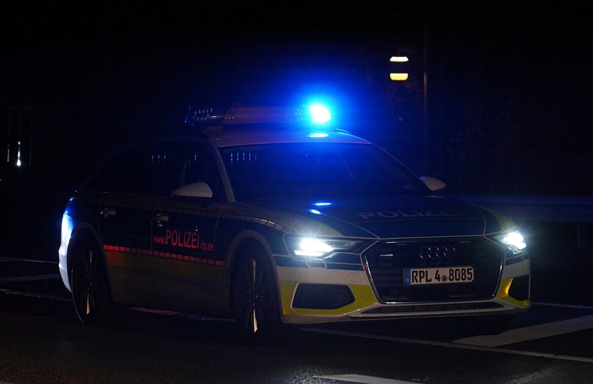 Polizei-Auto mit Blaulicht auf einer dunklen Straße, im Vordergrund sichtbar.