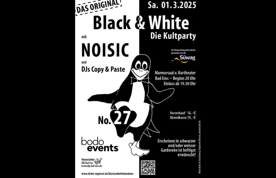 Schwarz-weißes Partyplakat mit Pinguin, Veranstaltungsdetails, DJs, Datum, Uhrzeit und Location in Bad Ems.