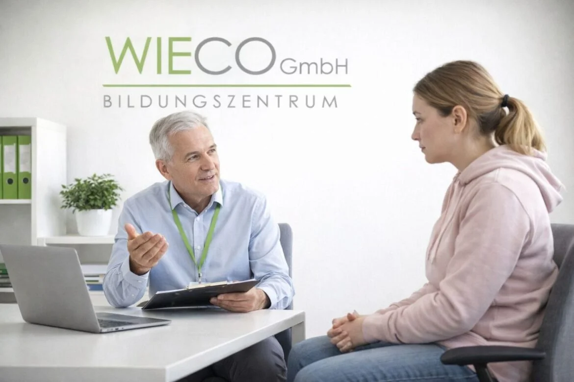 Berater spricht mit junger Frau in einem Büro.