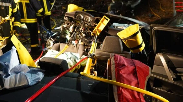 7_56aktuell Unfallstelle mit Feuerwehrleuten und beschädigtem Auto.