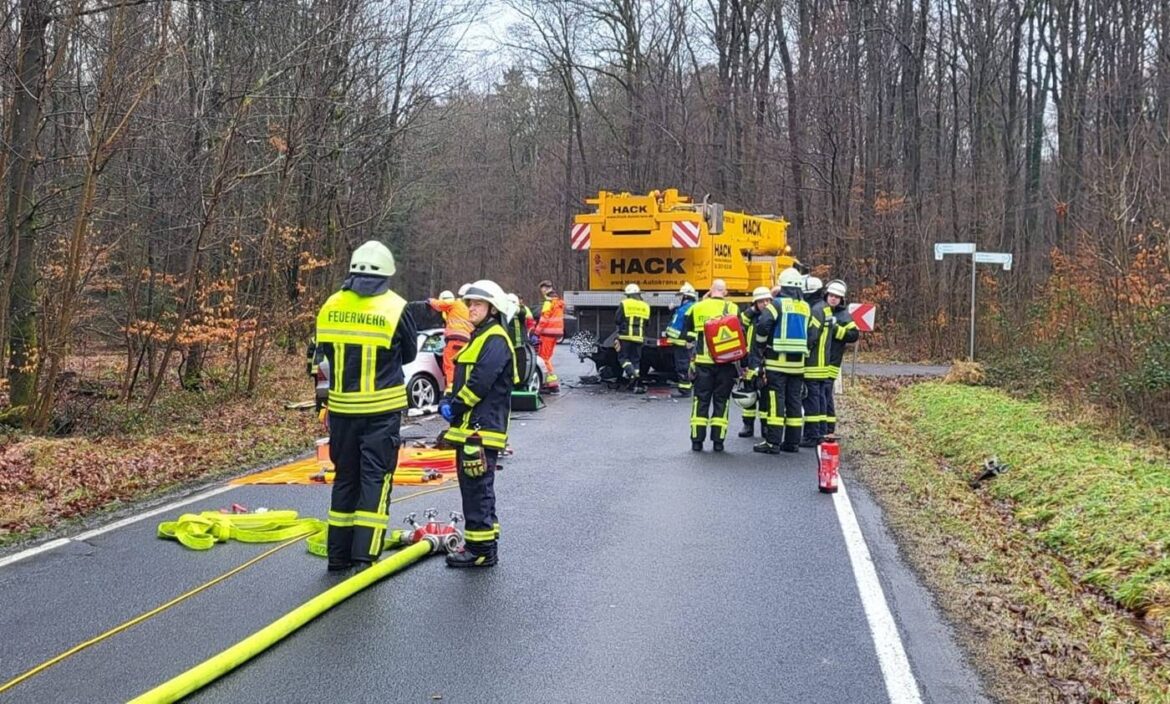 Feuerwehrleute bei einem Unfall mit einem Kran auf einer Landstraße.