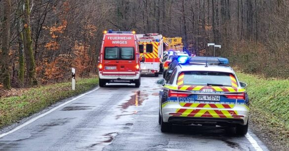 siershahn_vu_kran-4-min_56aktuell Einsatzfahrzeuge auf nasser Landstraße im Wald